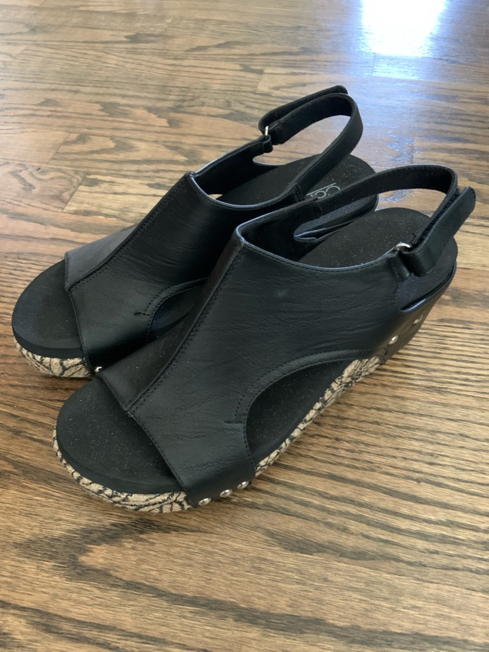 Corkys Black Carley Open-Toe Slingback Wedge Sandals Floral Wrap Cork - Picture 2 of 10